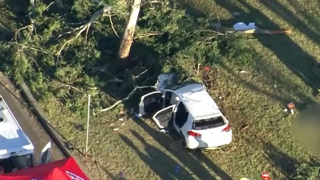 Emergency crews at the scene of a tragic crash on the Great Western Highway at Minchinbury yesterday. Picture: Seven News