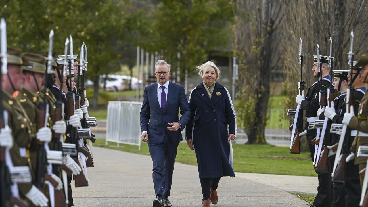 Mr Albanese and Ms Sally Barnes CEO of the National Capital Authority arrive at the official renaming of Aspen Island. Picture: NCA NewsWire / Martin Ollman