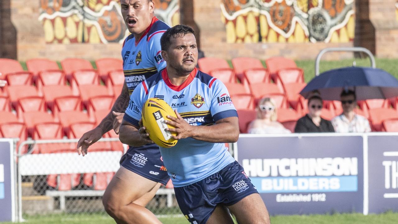 Western Clydesdales playmaker Cory McGrady takes on the Canterbury-Bankstown Bulldogs line during a trial match. Picture: Nev Madsen.