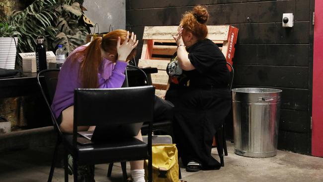 Sydney Theatre Company cast members Mabel Li and Megan Wilding at the stage door of the Roslyn Packer Theatre, Sydney. Picture: Jane Dempster