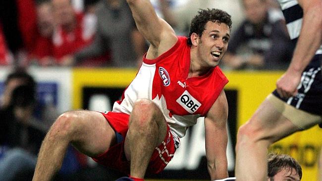 Nick Davis celebrates his famous match-winning goal over Geelong in 2005.