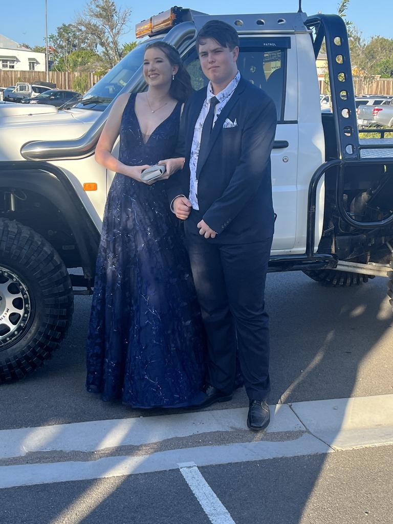Kirsty Nelmes and Leigh Davidson arrive at the Aldridge State High School formal.