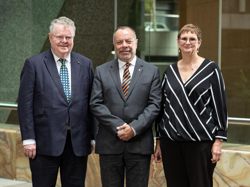 Royal Commission into Defence and Veteran Suicide Chair Nick Kaldas, (centre), with Commissioners James Douglas (L) and Peggy Brown (R). Picture: Julian Andrews