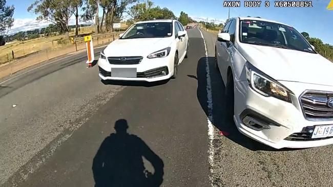 Tasmania Police have released body worn camera footage of a close call in Tasmaniaâ&#128;&#153;s north earlier this year. Supplied: Tasmania Police