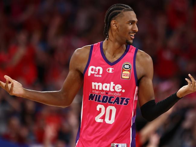 PERTH, AUSTRALIA - OCTOBER 06: Alex Sarr of the Wildcats celebrates a basket during the round two NBL match between Perth Wildcats and Adelaide 36ers at RAC Arena, on October 06, 2023, in Perth, Australia. (Photo by Paul Kane/Getty Images)