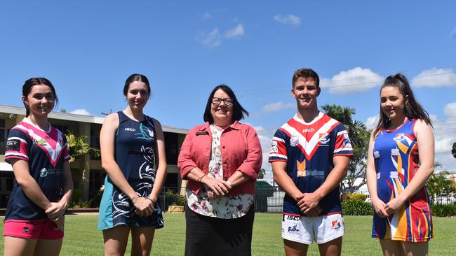 Sophie Novosel, Rebecca Symons, Janelle Agius, Henry Thorpe and Paige Zeller ahead of the Confraternity Shield and QISSN launch night in Mackay, October 27, 2021. Picture: Matthew Forrest