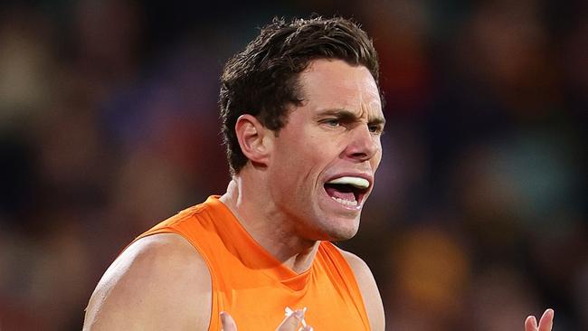 ADELAIDE, AUSTRALIA - JUNE 29: Josh Kelly of the Giants celebrates a goal and tries to encourage team mates during the 2024 AFL Round 16 match between the Adelaide Crows and the GWS GIANTS at Adelaide Oval on June 29, 2024 in Adelaide, Australia. (Photo by Sarah Reed/AFL Photos via Getty Images)