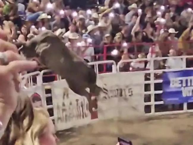 An out-of-control rodeo bull leaped out of an  arena and charged through a crowd of spectators Saturday, violently tossing and trampling a woman who was in its path.