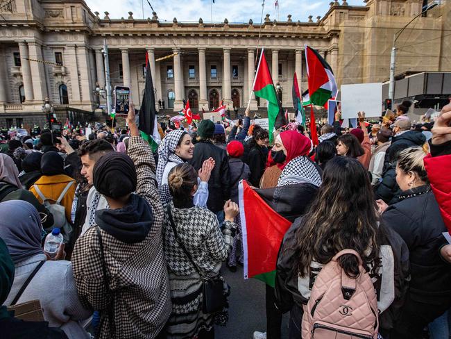 Chants of “Free, free Palestine” rang out from the crowd during the rally on Saturday. Picture: NCA NewsWire/Sarah Matray