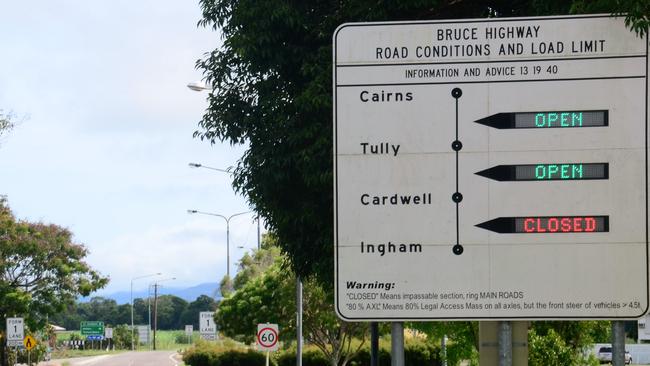 Surface flooding closed the Bruce Highway north of Ingham, Hinchinbrook Shire, on Sunday morning. The district was lashed by severe weather overnight, including heavy rain and strong winds. Picture: CAMERON BATES