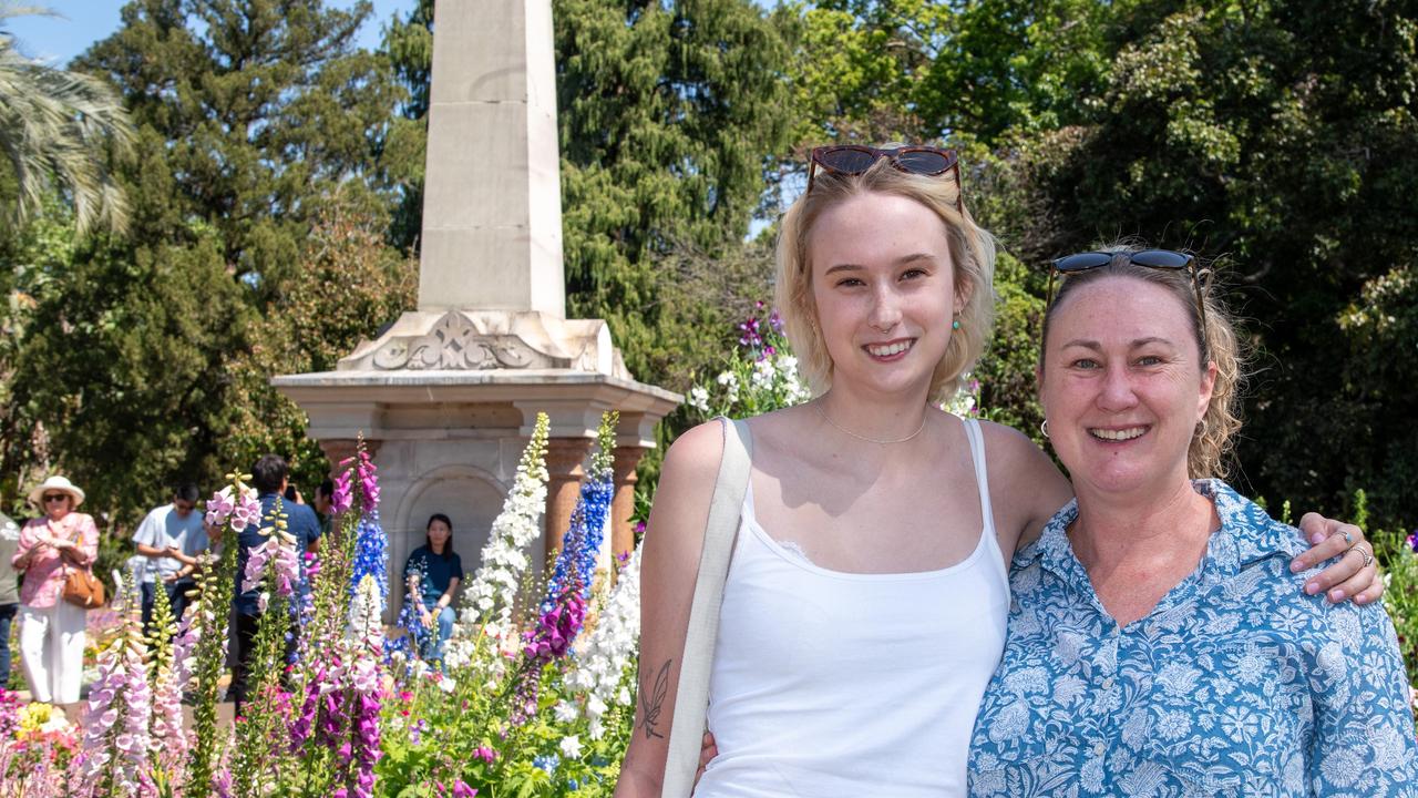 Lara Muller (left) and Julie Muller enjoy spring gardens in Queens Park during the Carnival of Flowers, Sunday, September 22, 2024. Picture: Bev Lacey