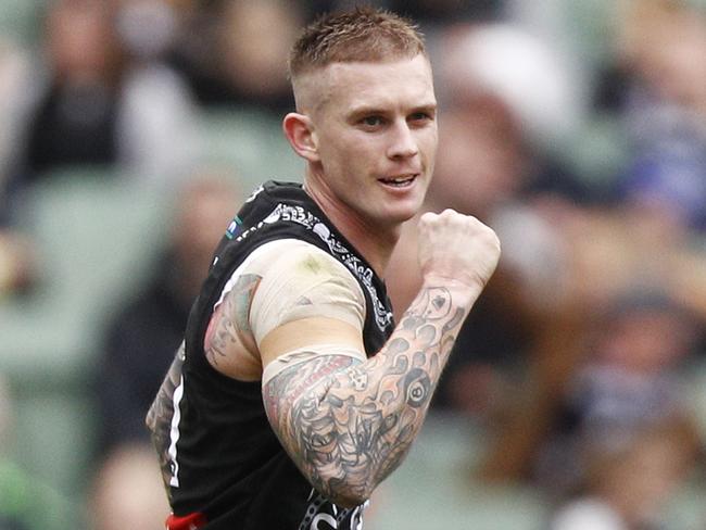 Dayne Beams of the Magpies celebrates a goal during the Round 11 AFL match between the Collingwood Magpies and the Fremantle Dockers at the MCG in Melbourne, Saturday, June 1, 2019. (AAP Image/Daniel Pockett) NO ARCHIVING, EDITORIAL USE ONLY