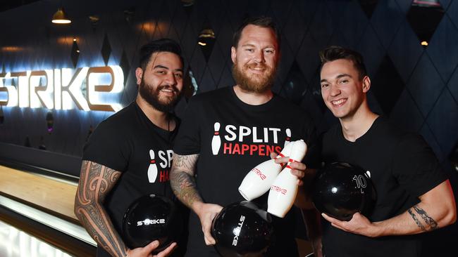 Lenne Eiao, Matt Port and Nick Griffin are pumped up for the arrival of Strike Bowling at Eastland. Picture: Josie Hayden