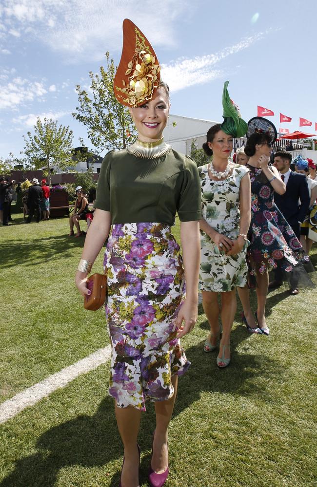 Stephanie Bahler wearing tailor made dress with Joanna Roberts hat. Picture: David Caird.