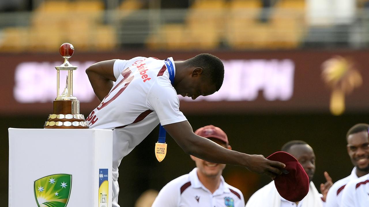 Shamar Joseph takes a bow as he celebrates winning the man of the match and man of the series awards. Picture: Bradley Kanaris/Getty Images.