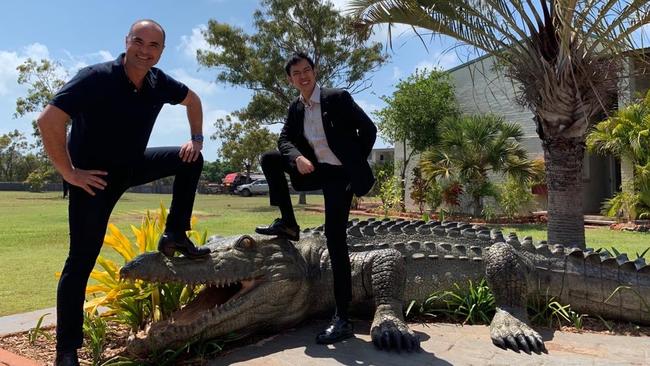 Darwin Innovation Hub chief executive Harley Paroulakis and Aliena chief executive Mark Lim in Nhulunbuy where plans are being developed by Equatorial Launch Australia to establish the Arnhem Space Port. Picture: Supplied