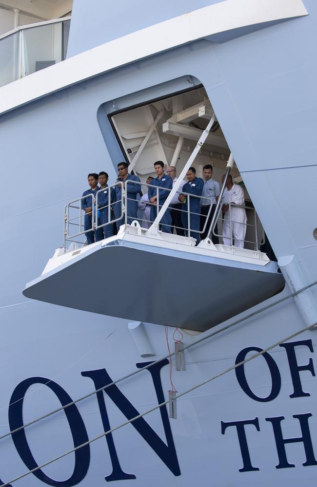 Crew of the Ovation of the Seas watch during the Karakia Whakatau Mauriat the Tauranga Port: Brett Phibbs