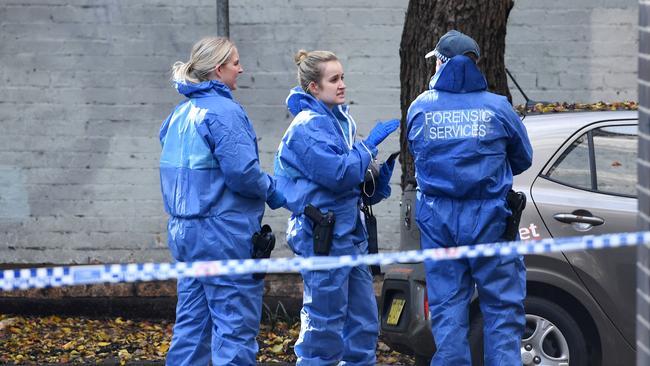 Police investigate the scene of the stabbing in Chippendale last year. Picture: Tracey Nearmy