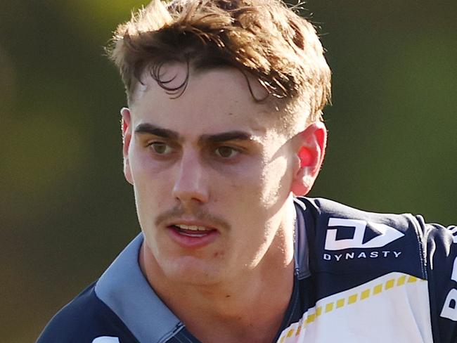 MELBOURNE, AUSTRALIA - FEBRUARY 23: Tom Duffy of the Cowboys takes possession of the ball during the 2025 NRL Pre-Season Challenge match between Melbourne Storm and North Queensland Cowboys at Casey Fields on February 23, 2025 in Melbourne, Australia. (Photo by Morgan Hancock/Getty Images)