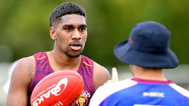 BRISBANE, AUSTRALIA – NOVEMBER 25: Keidean Coleman handballs during a Brisbane Lions AFL training session on November 25, 2019 in Brisbane, Australia. (Photo by Bradley Kanaris/AFL Photos/Getty Images)