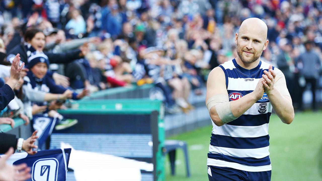 Gary Ablett celebrates a win at GMHBA Stadium this season.