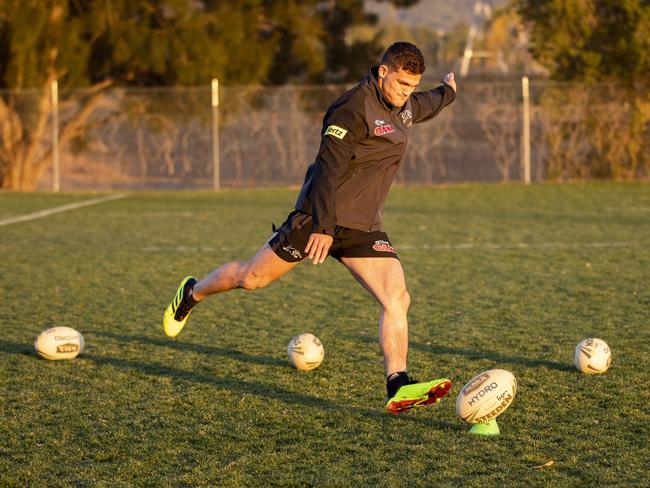 Nathan Cleary kicks goals worth $90,000 on DoSomething Day. Pictures: Penrith Panthers