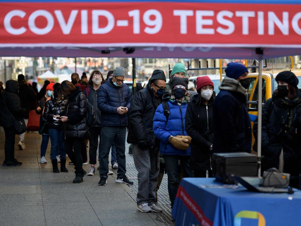 People wait in line to receive a Covid-19 test in New York. Picture: AFP