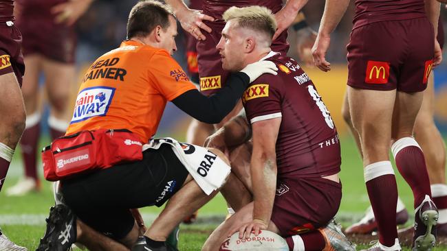 Stephen Crichton was placed on report for a dangerous tackle on Maroons star Cameron Munster in Origin I. Picture: Mark Kolbe/Getty Images