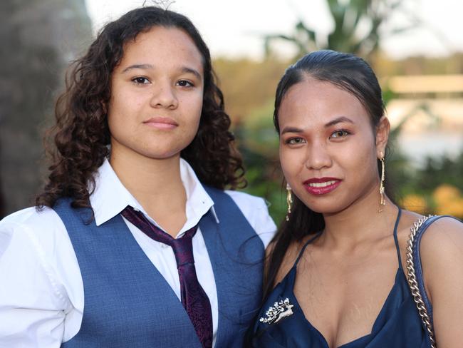 Nandini Chmelik and Jasmine Herford at the Southport State High School Formal at SeaWorld. Picture, Portia Large.
