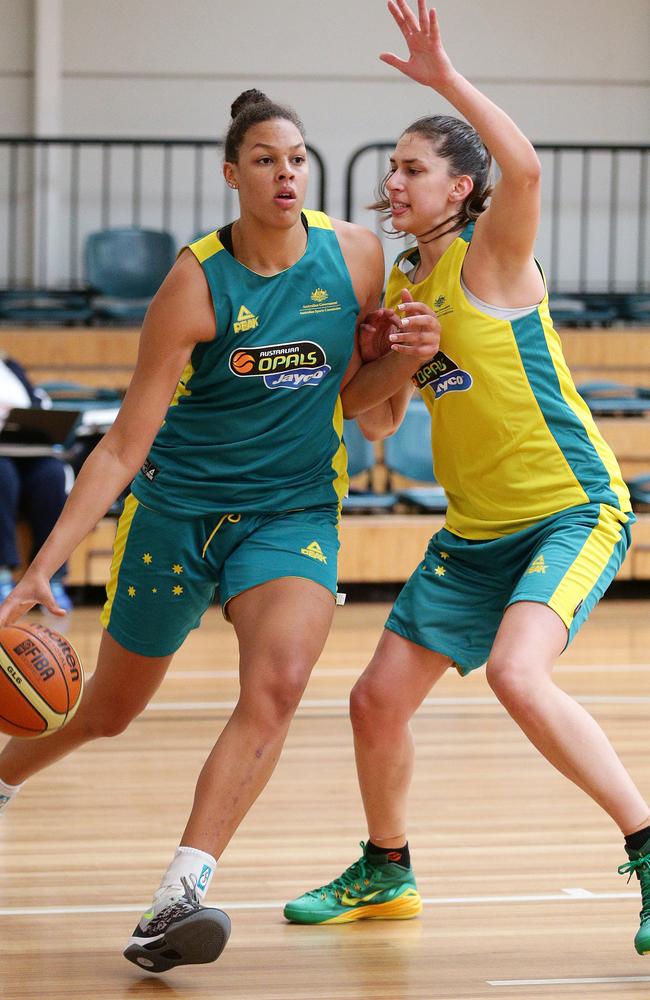 Liz Cambage (left) and Marianna Tolo at an Opals training.Picture: Norm Oorloff