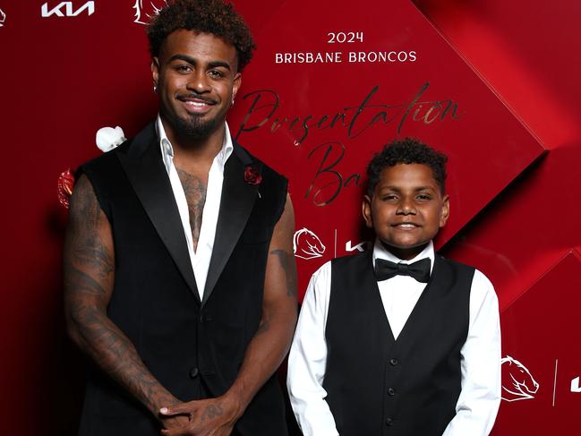 BRISBANE, AUSTRALIA Thursday 10th October 2024 Brisbane Broncos presentation night red carpet arrivals - Ezra Mam and his nephew Javan Mam Picture David Clark