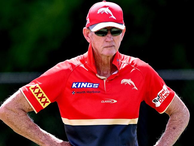 BRISBANE, AUSTRALIA - MARCH 07: Coach Wayne Bennett is seen during a Dolphins NRL training session at Kayo Stadium on March 07, 2024 in Brisbane, Australia. (Photo by Bradley Kanaris/Getty Images)