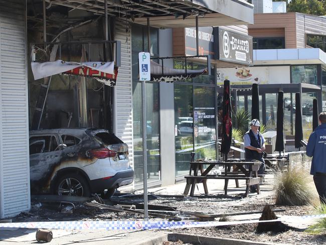 A car rammed into a tobacconist in Seville, in the Yarra Valley Tobacco shop fire arson, Picture David Crosling