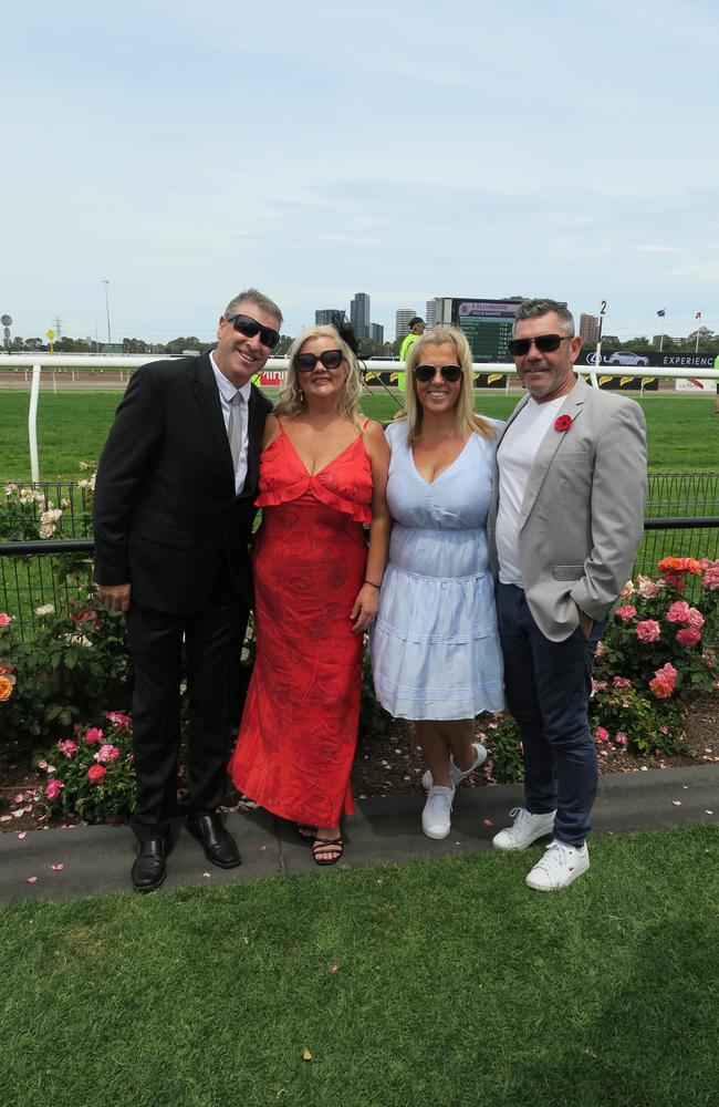 Nicole, Jamie, Allison and Shaun at Seppelt Wines Stakes Day 2024 at Flemington Racecourse. Picture: Gemma Scerri