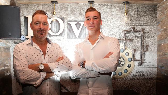 Craig Duffy and his son Kalvin Duffy in the new Tipsy Pig bar in Surfers Paradise. Picture: Tertius Pickard