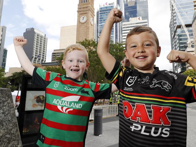 Harry Duggan, 6, and Cooper Waters, 5, pictured at the NRL Grand Final Fans Day, King George Square, Brisbane 30th of September 2021.  The Penrith Panthers take on the South Sydney Rabbitohs in the NRL Grand Final this Saturday at Suncorp Stadium.  (Image/Josh Woning)