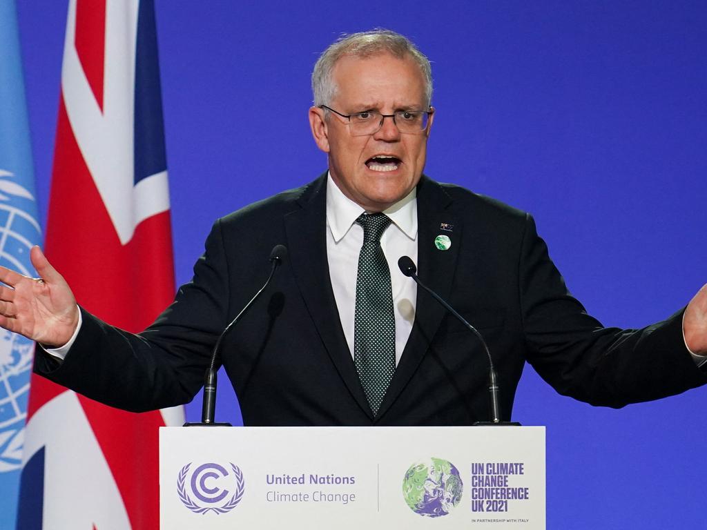 Scott Morrison presents his national statement as part of the World Leaders' Summit of the COP26 UN Climate Change Conference in Glasgow last November. Picture: AFP