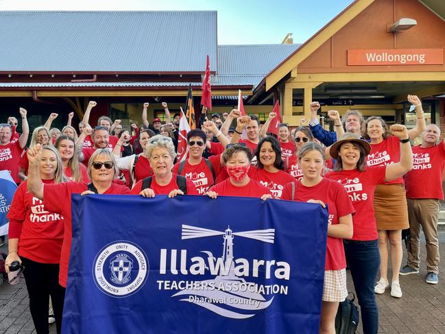 Illawarra teachers outside Wollongong Station before heading the Sydney for the NSW Teachers Federation rally on Wednesday, May 4, 2022. Picture: Dylan Arvela