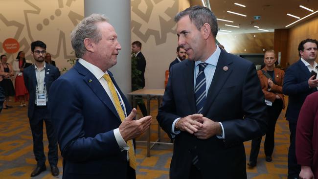 Andrew Forrest talks with Treasurer Jim Chalmers. Picture: David Crosling