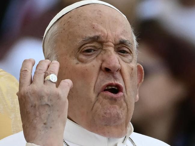 Pope Francis speaks during World Children's Day event at the Olympic stadium in Rome on May 25, 2024. (Photo by Filippo MONTEFORTE / AFP)