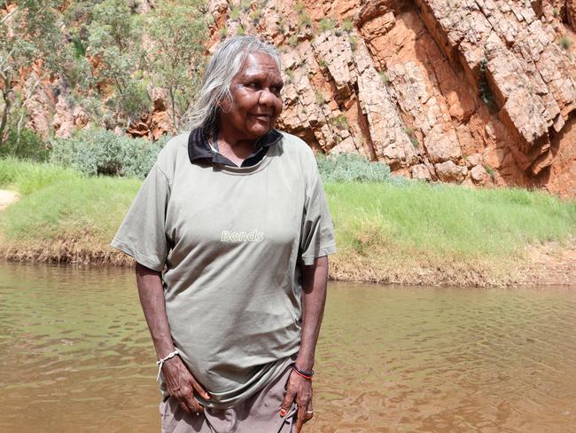 Irrkerlantye (White Gate) Traditional Owner Felicity Hayes teaches the younger generation at Trephina Gorge near Alice Springs. Picture: Riley Walter