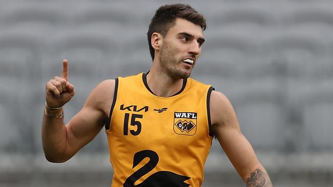 Jake Florenca celebrates a goal during the WAFL v SANFL 2022 State Game. Picture: Paul Kane/Getty Images