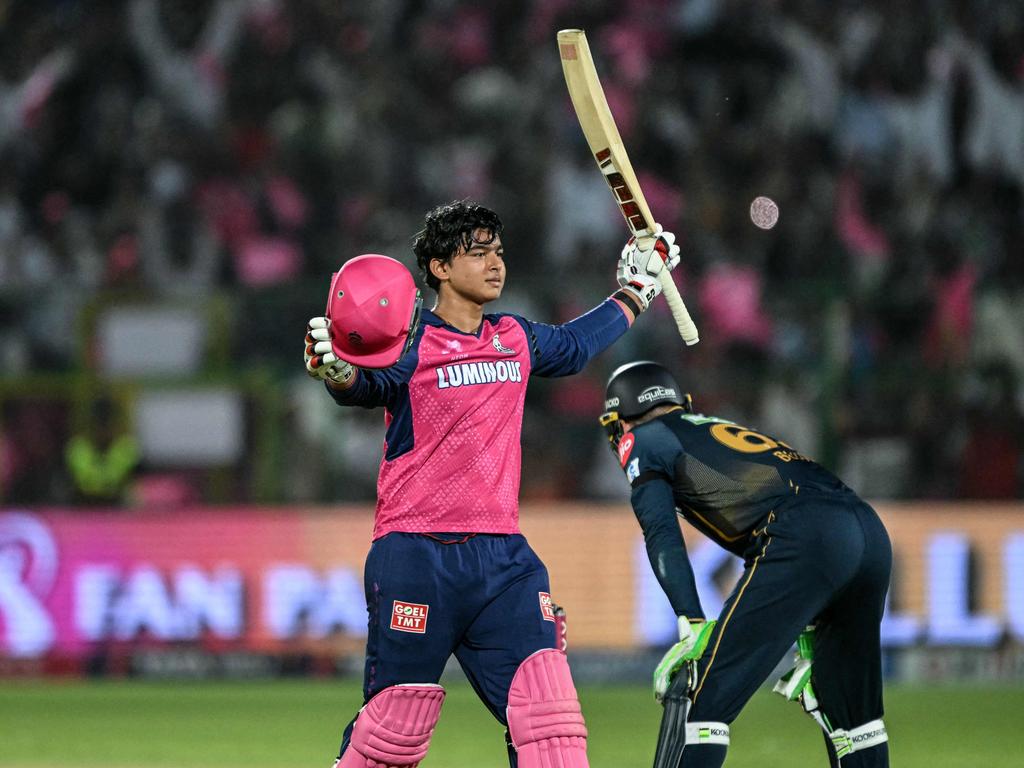 Rajasthan Royals' Vaibhav Suryavanshi celebrates after scoring a century (100 runs) during the Indian Premier League (IPL) Twenty20 cricket match between Rajasthan Royals and Gujarat Titans at the Sawai Mansingh Stadium in Jaipur on April 28, 2025. (Photo by Sajjad HUSSAIN / AFP) / -- IMAGE RESTRICTED TO EDITORIAL USE - STRICTLY NO COMMERCIAL USE --