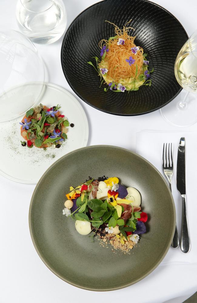 Smoked Eildon trout entree, garden salad with Spanish ham and vegetarian crispy organic egg at Ezard at Levantine Hill. Picture: Andrew Tauber