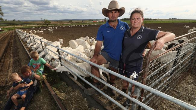 9/4/2019: Marcus and Shannan Jessen, with young son Daniel, faced angry vegans on their property Cranley Park a Goat Dairy Farm, at Allora, south of Toowoomba, QLD. The couple were forced to sleep in their machinery shed for the past week out of fear extremist animal activists would invade their property . Lyndon Mechielsen/The Australian