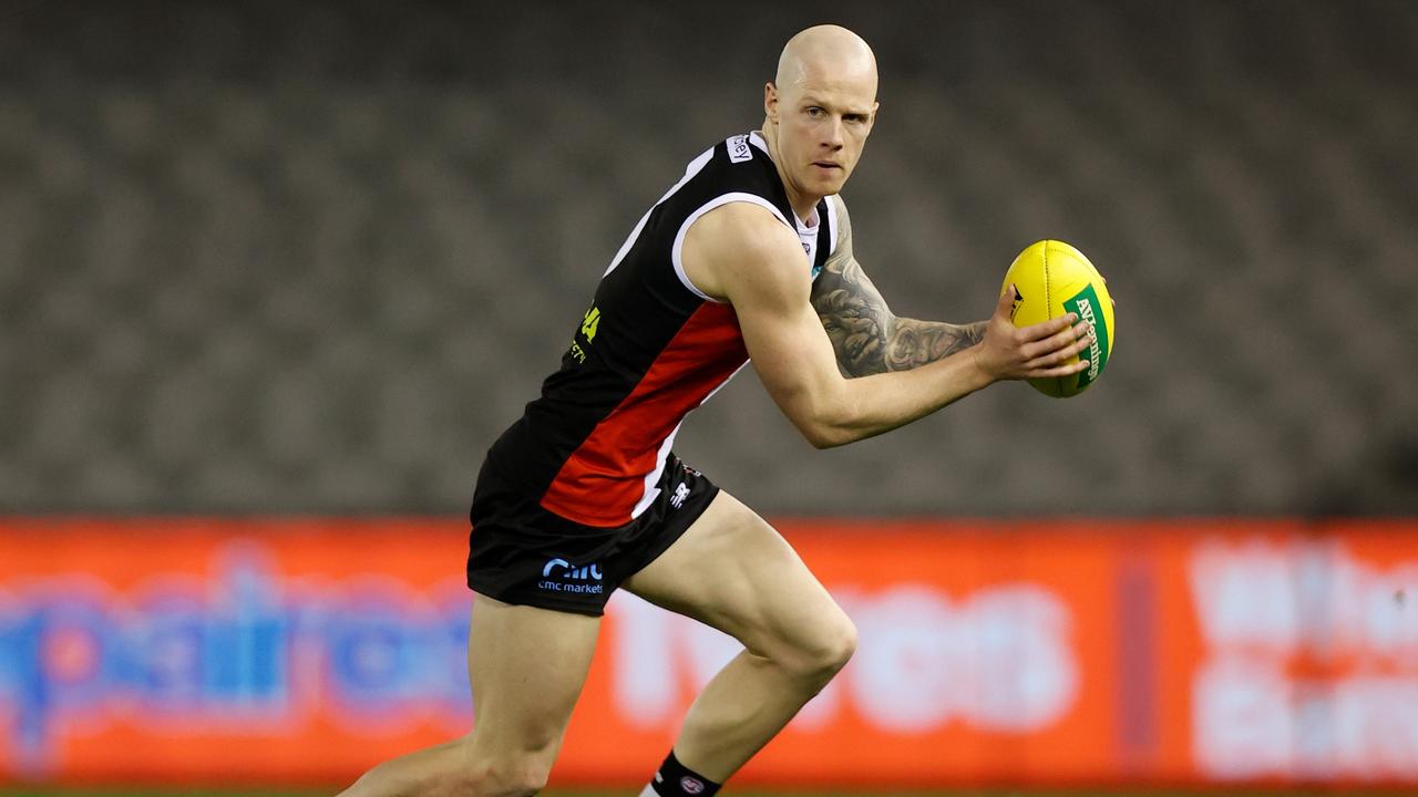 MELBOURNE, AUSTRALIA – JULY 17: Zak Jones of the Saints in action during the 2021 AFL Round 18 match between the St Kilda Saints and the Port Adelaide Power at Marvel Stadium on July 17, 2021 in Melbourne, Australia. (Photo by Michael Willson/AFL Photos via Getty Images)