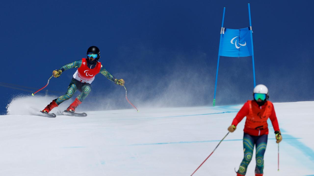 Patrick Jensen and his guide Amelia Hodgson, training for the Men's Downhill Vision Impaired discipline. Picture: Christian Petersen/Getty Images