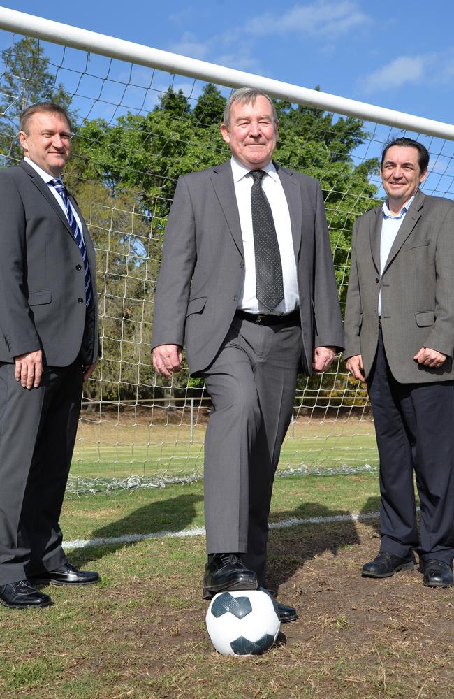 Brisbane Strikers CEO Bruce Atterton-Evans (left), Football Queensland CEO Geoff Foster and Logan City Councillor Phil Pidgeon.