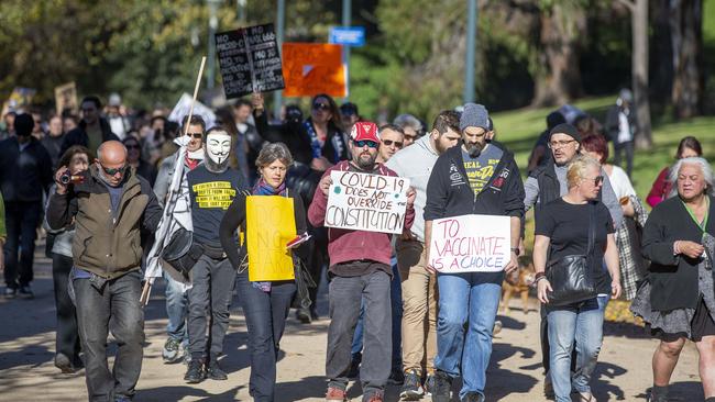 Anti-vaxxers protesting lockdown measures in Melbourne on Saturday. Picture: Tim Carrafa