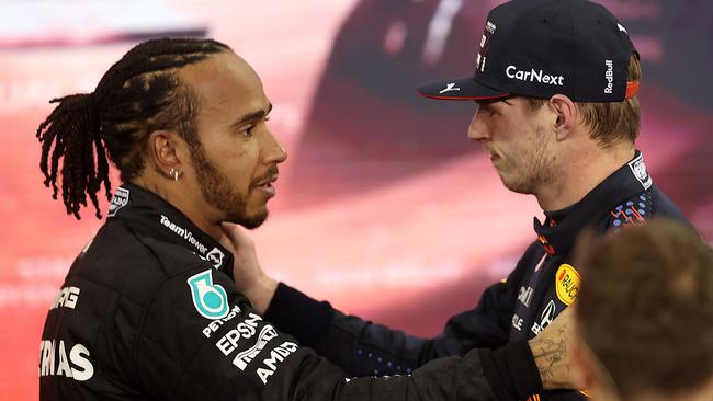 Lewis Hamilton congratulates Max Verstappen. Picture: Getty Images